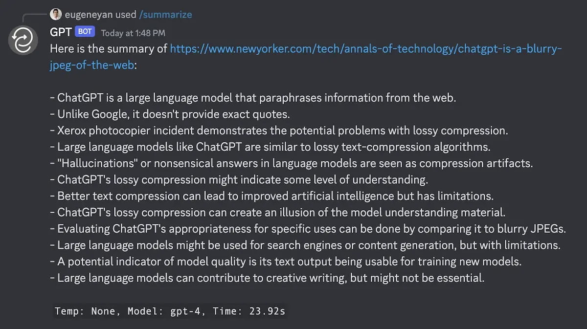 Using /summarize on 'ChatGPT Is a Blurry JPEG of the Web' Using /summarize on 'ChatGPT Is a Blurry JPEG of the Web'